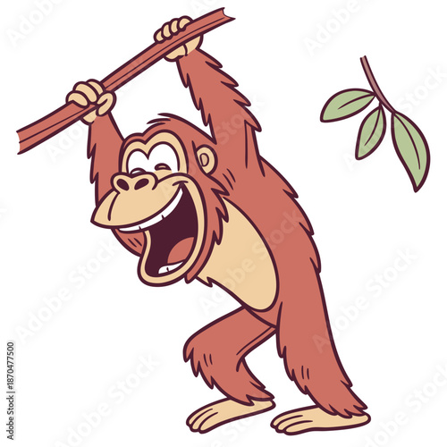 Funny cartoon orangutan holding a stick and smiling. Cute jungle animal character in colorful vector style, perfect for kids design, mascot, logo, and t-shirt.