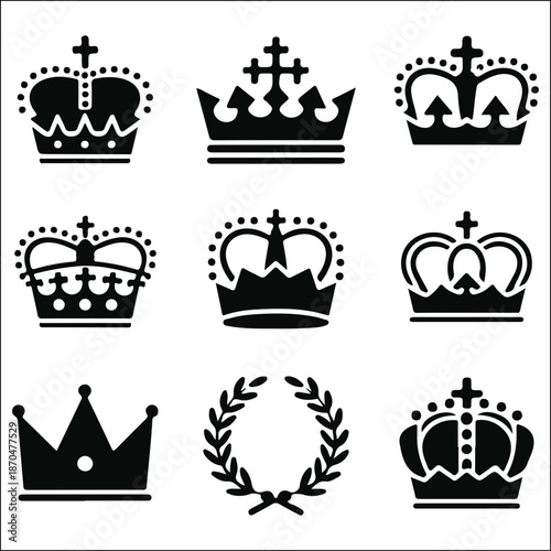 Royal crowns and laurel wreath symbols in black