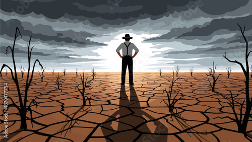A lone figure stands defiant upon a fractured, drought-stricken landscape, gazing toward a piercing light that breaks through the ominous storm clouds swirling above the barren earth
