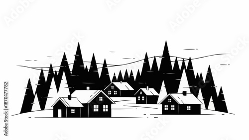 Rustic village nestled among snow covered pine trees in a winter landscape.