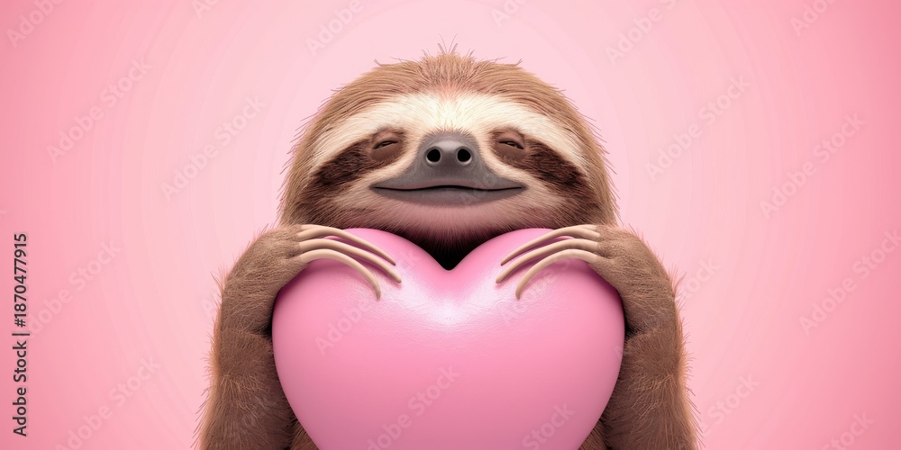 Fototapeta premium Adorable Sloth Embracing a Pink Heart on a Vibrant Pink Background, Symbolizing Love and Tenderness