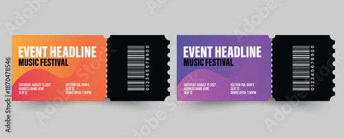 Colorful music festival tickets with barcodes
