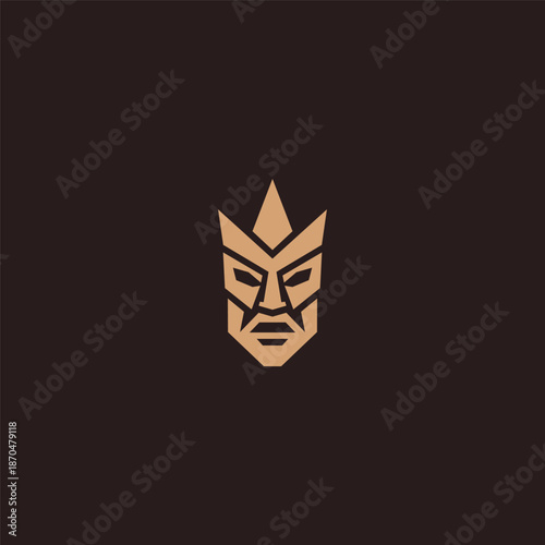 Geometric abstract totem mask logo inspired by ancient symbolism and culture.