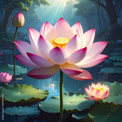 Giant pink & white lotus blooms amid lush green lily pads on a serene pond with soft, dappled sunlight shining