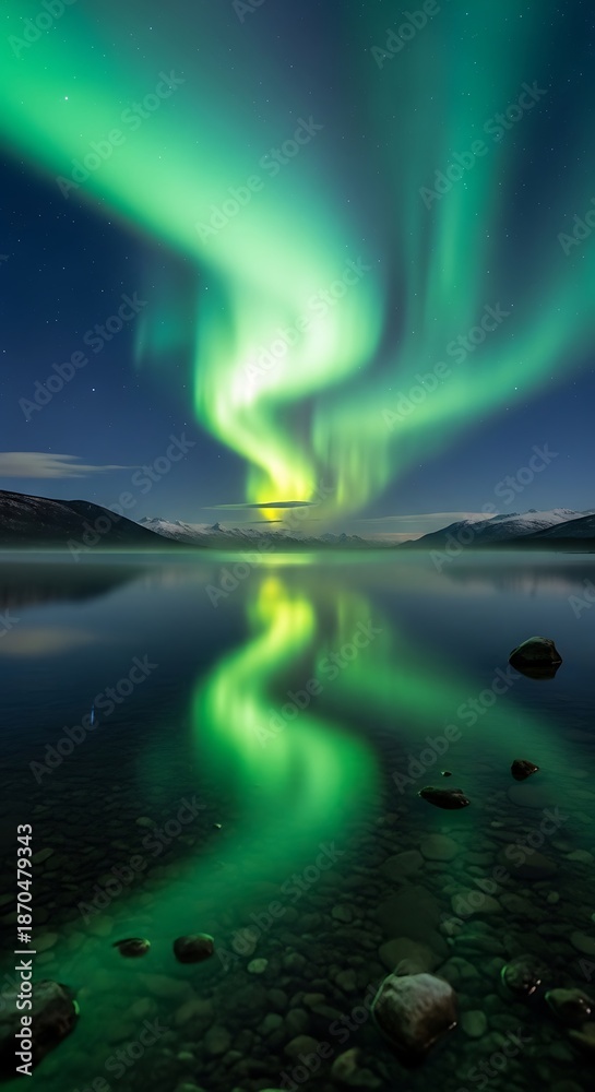 Naklejka premium Stunning Aurora Borealis Display Over Calm Lake Reflecting Vibrant Colors.