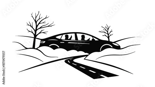 Family car navigating a winding road through a snowy winter landscape