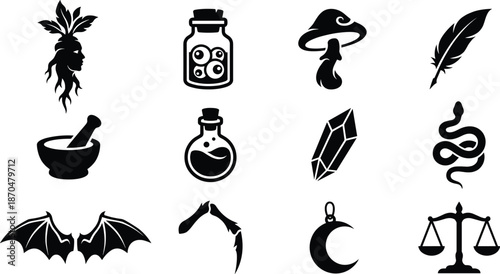 Alchemy and Witchcraft Ingredient Icons - Potion, Mandrake Root, Crystal, and Magic Spell Items Set
