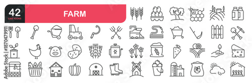 Set of line icons related to farm, field, nature, farmer, agricultural, harvest, plant, growth. Outline icons collection. Editable stroke. Vector illustration