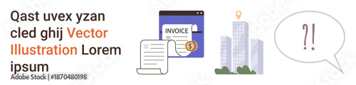Finance, billing, urban planning, business communication, financial technology, commercial real estate. Invoice and document icons, buildings and speech bubble with expression marks. Finance