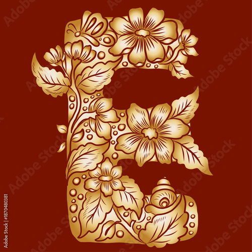 Floral alphabet letter A-Z hand drawn Illustration, Decorative botanical typography for coloring Pages and creative design.Set of flower alphabet.Line art and doodle for t-shirt.Elements with flower.