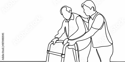 A young person assisting an elderly individual with a walking aid