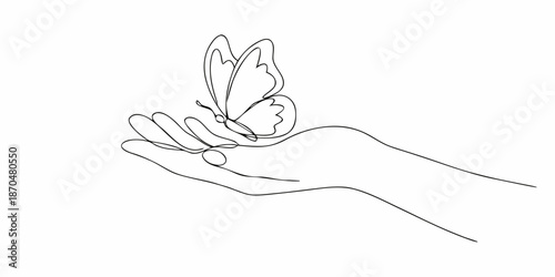 A delicate butterfly gently resting on an open human hand line art style