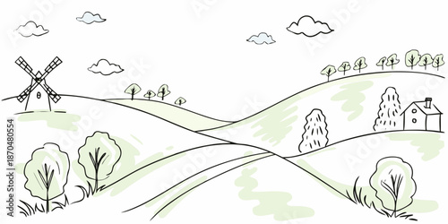A charming countryside scene featuring a windmill rolling hills and quaint houses