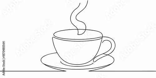 A single line drawing depicts a steaming cup of coffee on a saucer