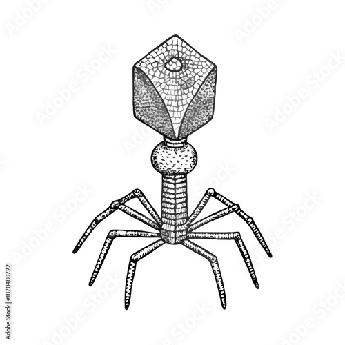 Detailed illustration of a bacteriophage virus with complex structural components