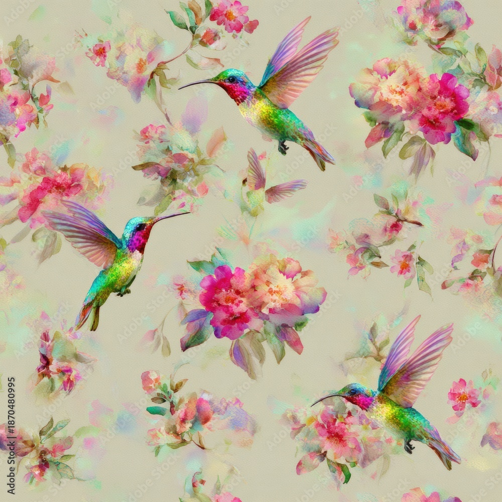 Fototapeta premium Seamless Pattern of Hummingbirds Near Colorful Flowers Designed for Childrens Pajamas and Bedroom Wallpaper With Open Space for Mockup Uses