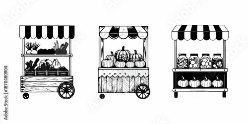 Black and white illustration of three market stalls selling produce