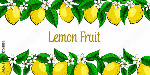 A vibrant illustration featuring lemons leaves and delicate white blossoms