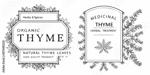 Vintage botanical illustration of thyme labels with sprigs and herbal designs
