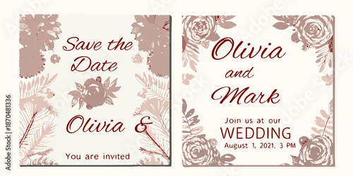 Elegant wedding save the date cards with floral design and romantic script