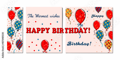 Colorful birthday cards with balloons and confetti wishing a happy celebration