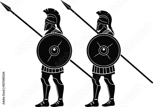 Ancient Greek warriors parade. Roman warriors with spears and shield icon. hoplite or a Spartan wearing traditional Greek armor,  helmet and shield vector illustration. 