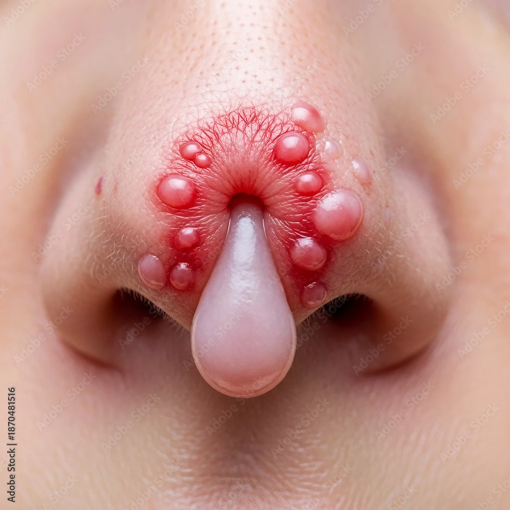Fototapeta premium Nasal polyps Close up of nose with red inflamed skin and fluid filled blisters health
