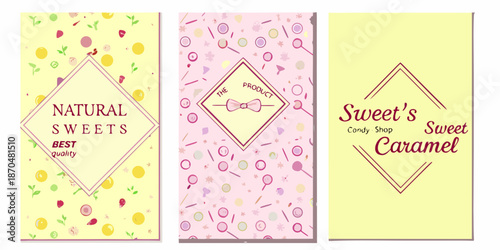 Three colorful candy shop advertisement banners with geometric designs and text