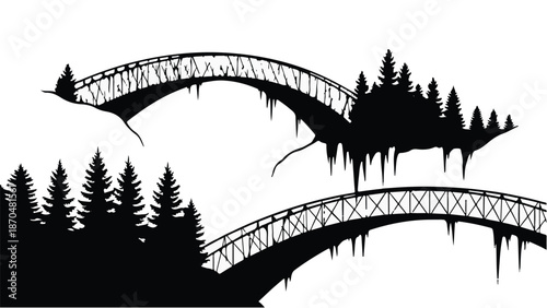 Serene winter landscape with ornate bridges and pine trees silhouetted against white