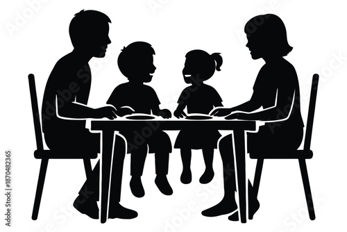 Silhouette of a Mother Cooking with Her Three Children – Concept of Family Bonding, Healthy Nutrition, and Home Education