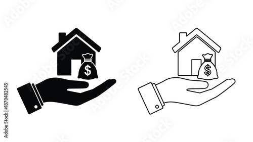 Hands holding house icons with money bags representing real estate investment