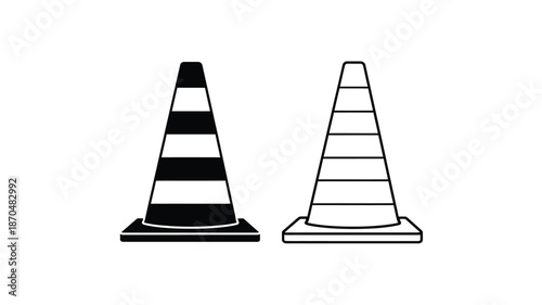 Two traffic cones one dark and one light stand side by side