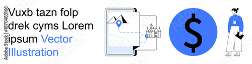 Navigation tools, financial planning, digital economy, user behavior, travel, technology. Tablet with map location, dollar sign person. Navigation tools and financial planning
