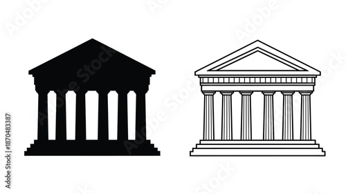 Classical building facades a black silhouette and a white line drawing
