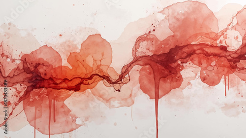 Abstract watercolor painting with vibrant red splatters and fluid streaks on a white background, creating an organic and dynamic visual texture.