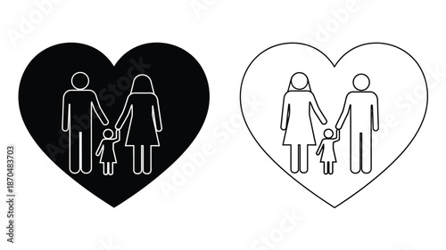 Family love depicted within heart shapes a black and white illustration