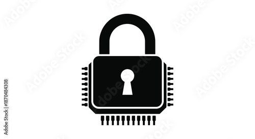 A striking black silhouette of a computer chip integrated with a padlock for security