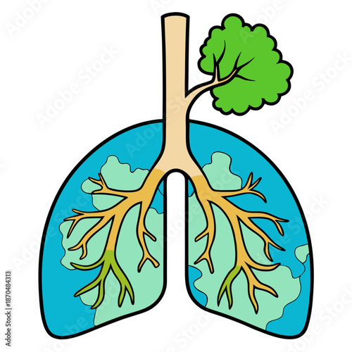 Anatomical illustration of human lungs with bronchial tree and leaf symbol