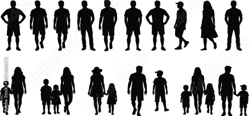 Black Silhouette Collection of Men and Families Walking Together, Parents and Children Vector Set for Life Development and Social Design