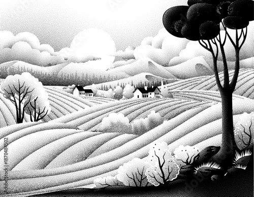 Fields rolling hills and mountains farm landscape background illustration with countryside mountains, sunrise sun, clouds and trees. Original rural background drawing in vintage pointillism dot style