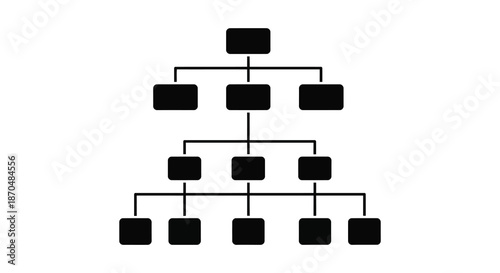 A stark black geometric tree diagram displaying branching connections and hierarchical structure silhouette