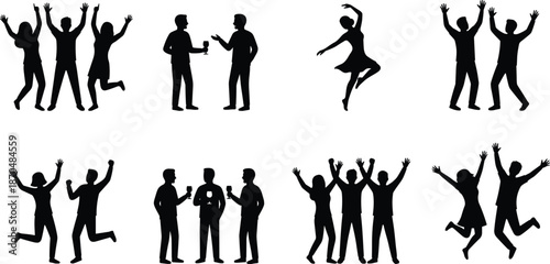 Black Silhouette Collection of People Celebrating Dancing Jumping and Toasting with Drinks, Party Crowd Vector Set for Event Celebration Design