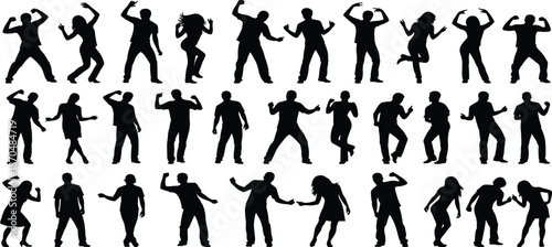 Large Black Silhouette Collection of People Dancing Partying and Celebrating, Diverse Crowd Vector Set for Nightclub Event and Festive Design