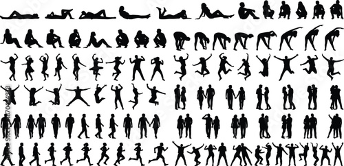 Mega Collection of Black People Silhouettes Featuring Poses of Lying Sitting Stretching Jumping Dancing Walking and Couples for Graphic Design