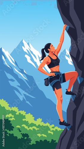 Dynamic vector illustration of a determined woman rock climbing on a steep cliff face with majestic mountains in the background