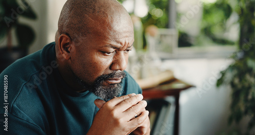 Obraz na płótnie House, thinking and black man frustrated with nostalgia, decision and sad with mental health