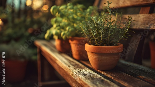 Growing green herbs and spices in a pot. Rosemary and basil herbs growing in a row of classic terracotta pots on a wooden surface. Healthy potted culinary herb plants on a wooden bench
