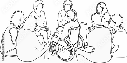 People sitting in a circle including a person in a wheelchair