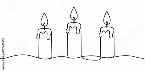 Minimalist line drawing of three lit candles with melting wax details