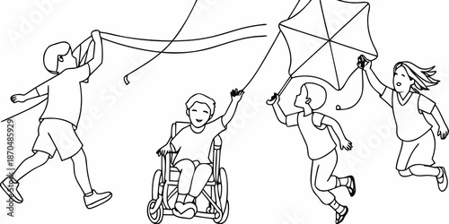 Children enjoying a day outdoors flying kites with inclusive participation